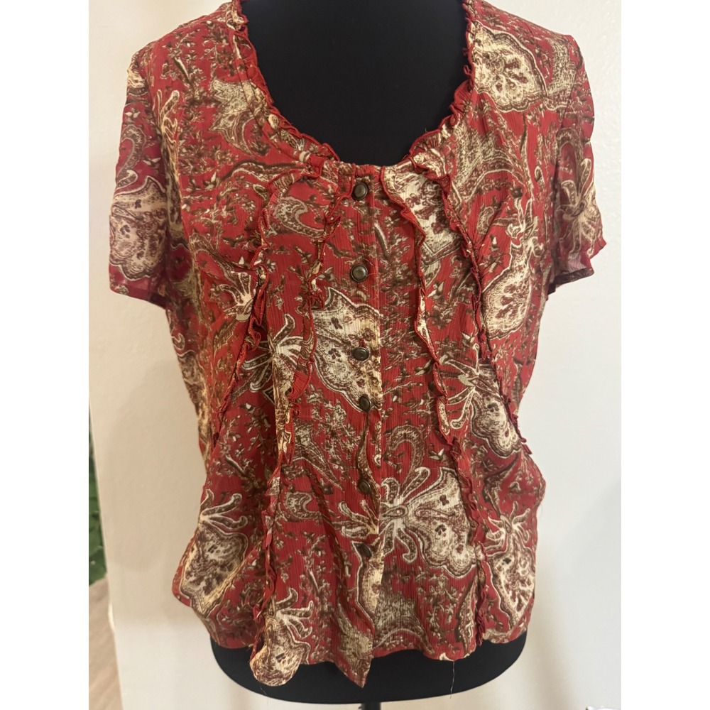 y2k Jones & Co Petite Red Paisley Ruffle Button Down Blouse Top 10P